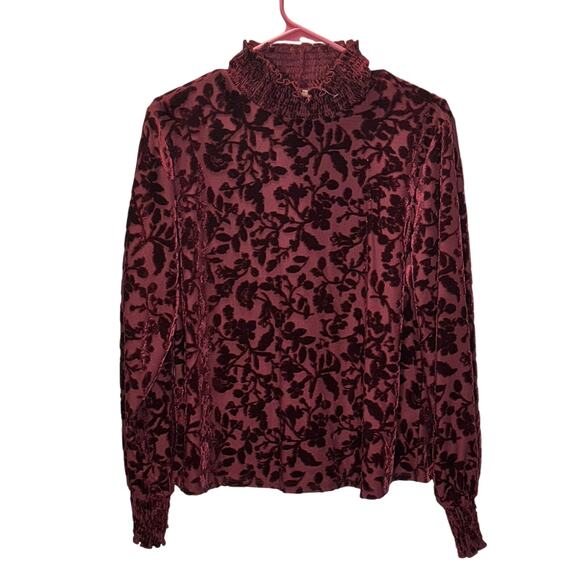 Maurices Velvet Floral Burnout Mock Neck Blouse Burgundy Maroon Women’s Large - Picture 1 of 6